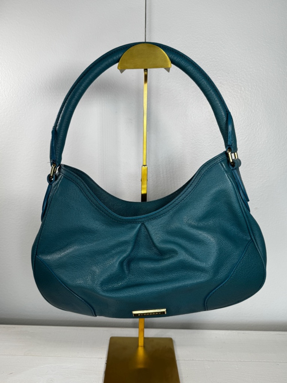 Burberry Pebbled Leather Shoulder Bag Teal Gold Hardware Quiet Luxury Hobo